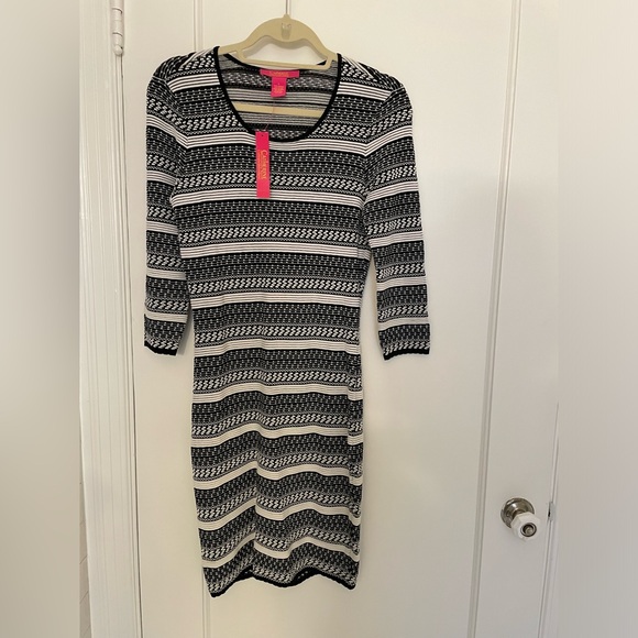 NWT Catherine Malandrino long-sleeve knee length stretchy black white dress - Picture 1 of 13